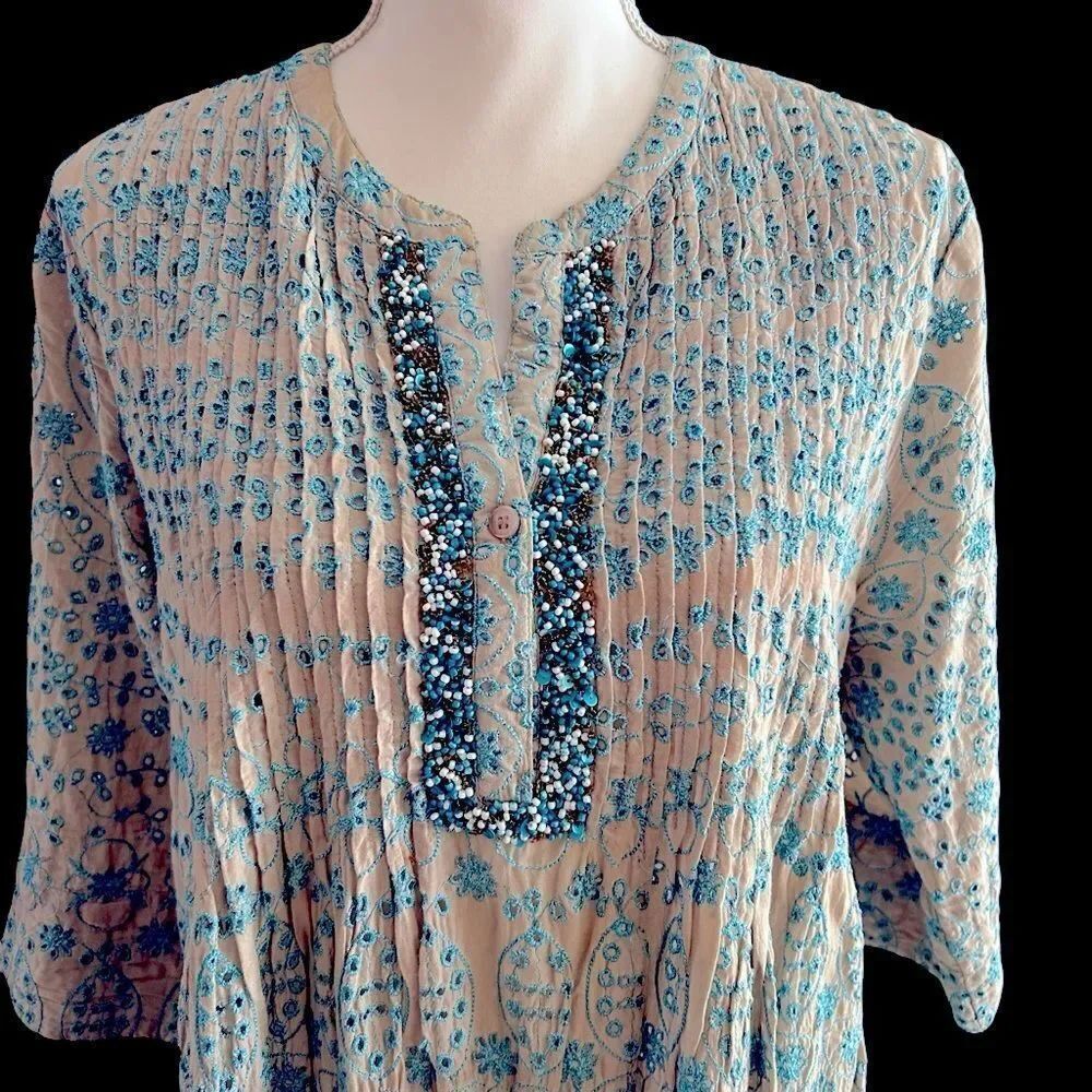 Janis Peace and Love Vintage Embroidered Eyelet Top Tunic Dress Size Large - Picture 8 of 10